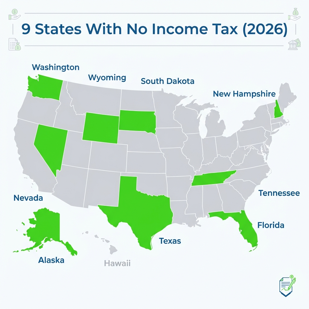 Map of 9 US states with no income tax in 2026: AK, FL, NV, NH, SD, TN, TX, WA, WY